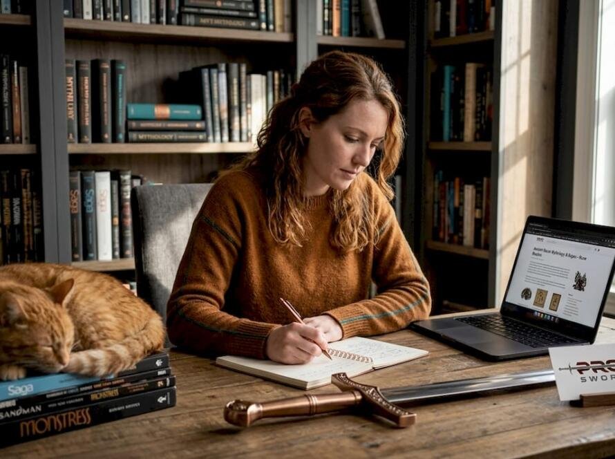 Woman studying sword influence in pop culture