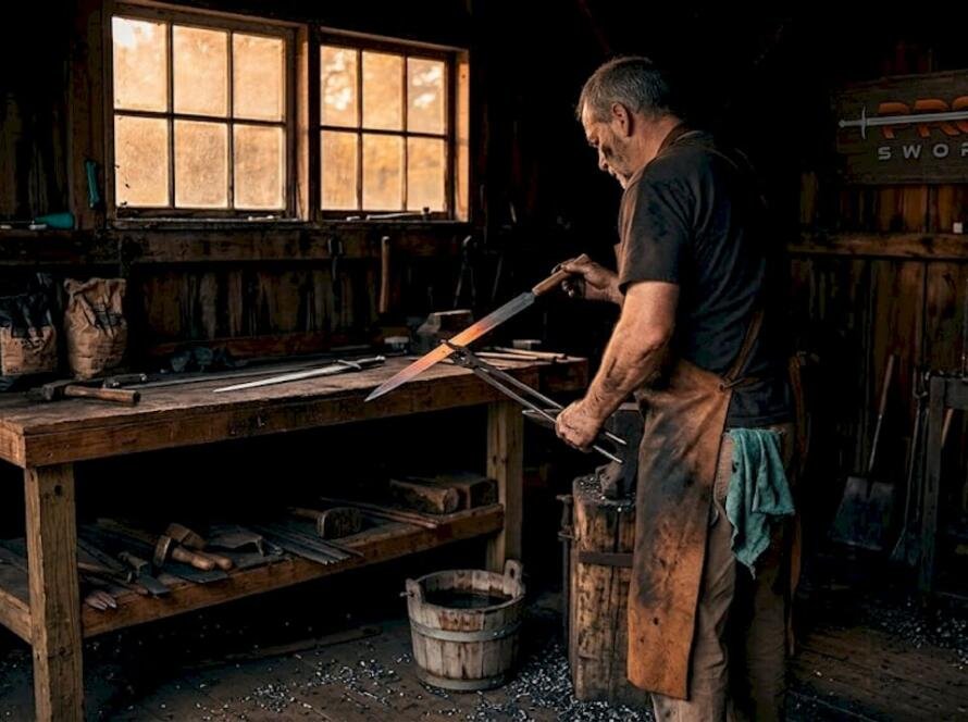Swordsmith inspecting blade in historic workshop