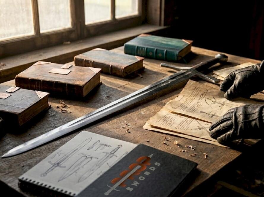 Longsword among historical books and sketches