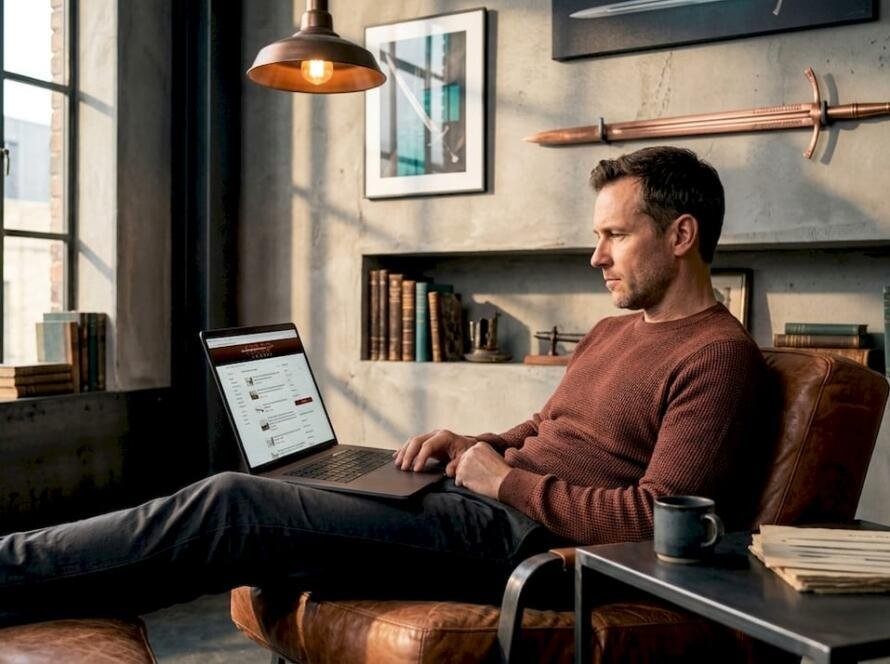 Collector browsing swords online at home