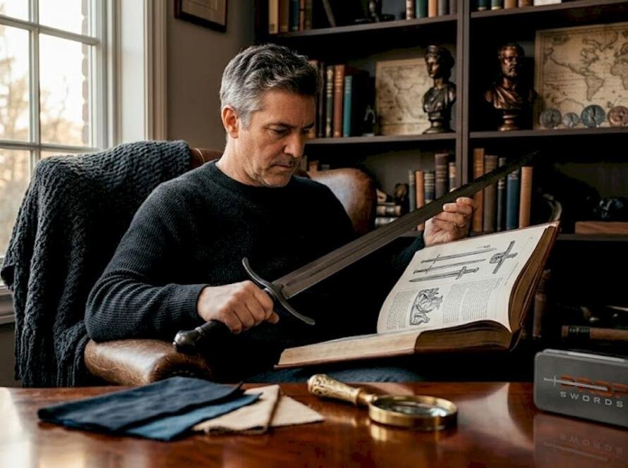 Collector examining replica in living room