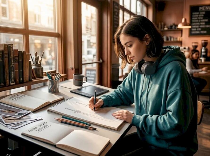 Anime sword designer sketching at drafting table