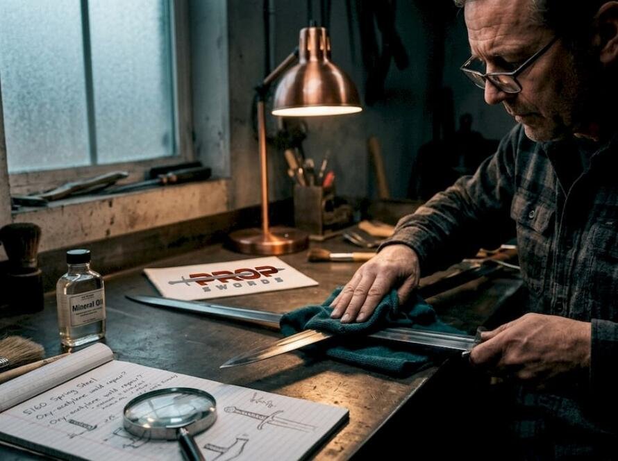 Collector cleaning sword in attic workspace