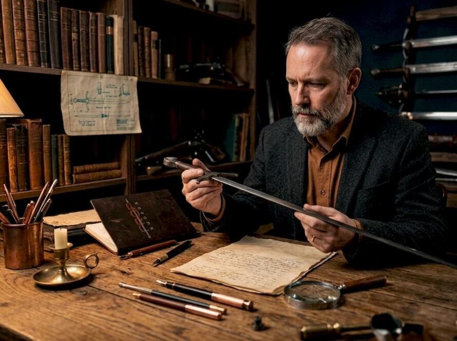 Historian studying ancient sword replica