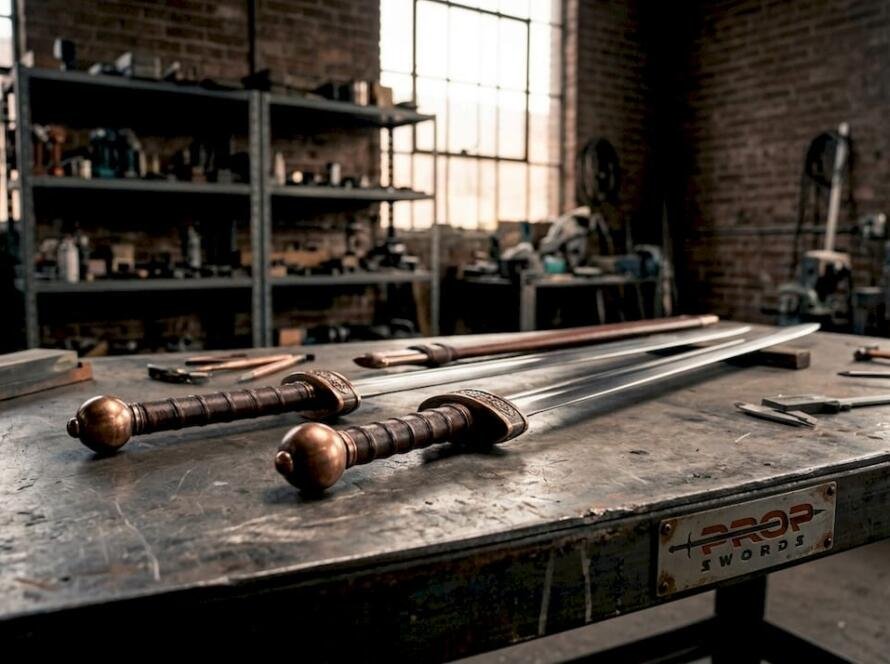 Close-up of movie sword replicas on workshop table