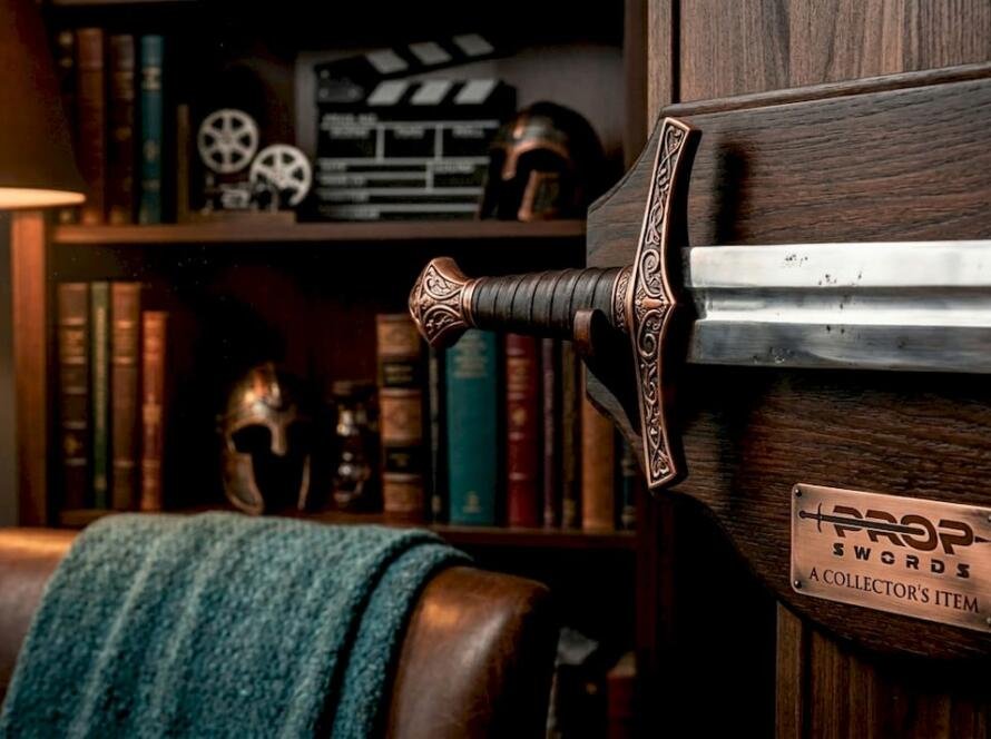 Movie prop sword on wooden wall mount