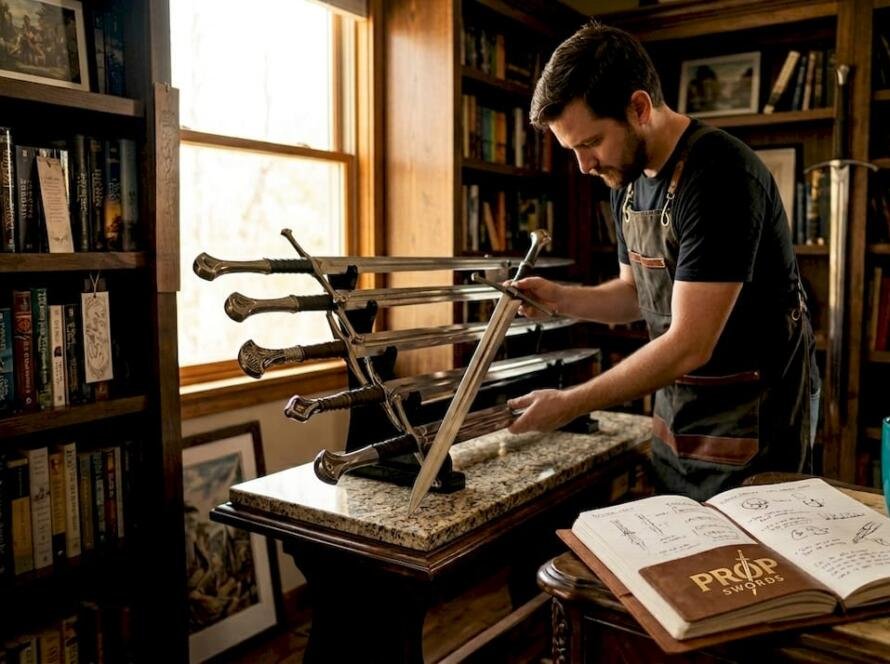 Replica swords displayed in home library setting