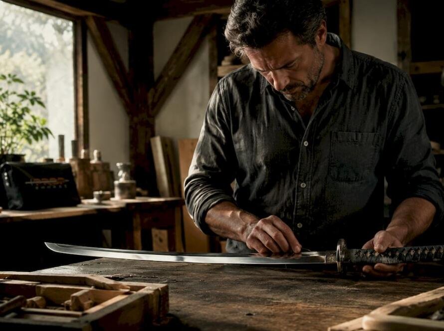 Man inspecting ornate katana sword indoors