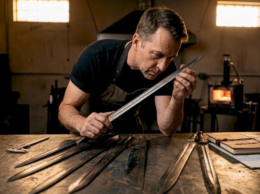 Collector inspecting sword blades in workshop