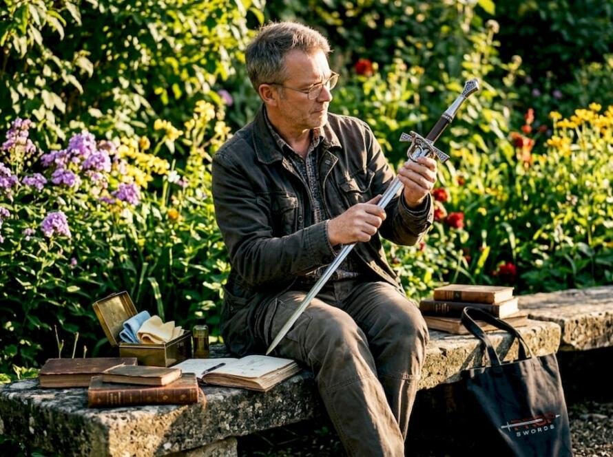Man studying historical sword replica