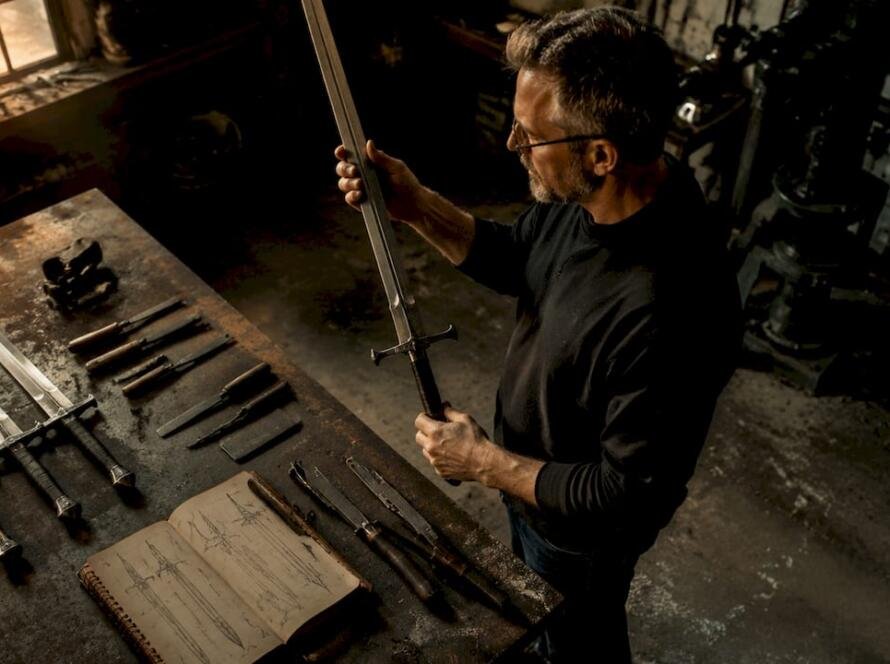 Craftsman inspecting sword blade and hilt closely