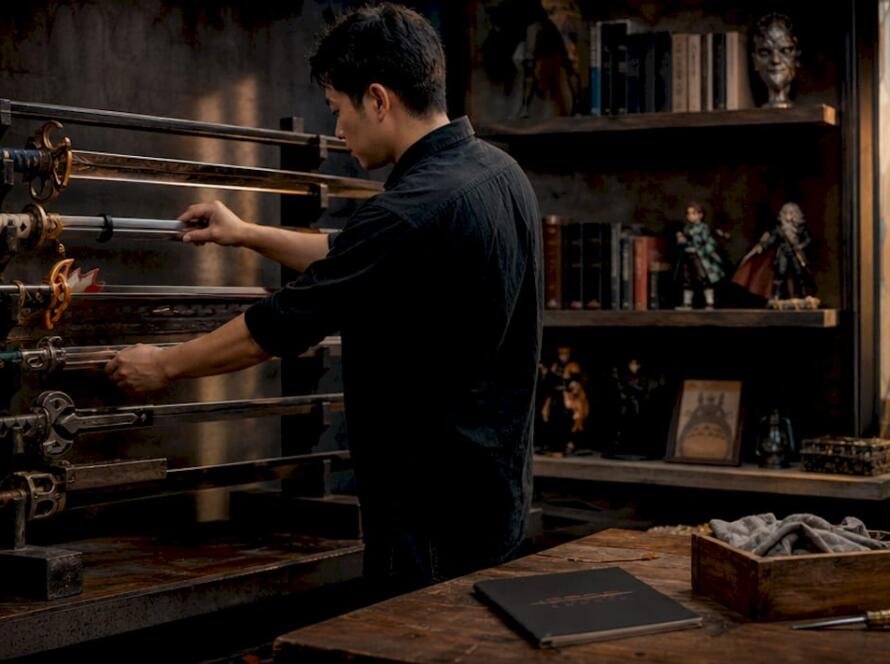 Collector arranging anime swords on traditional stand