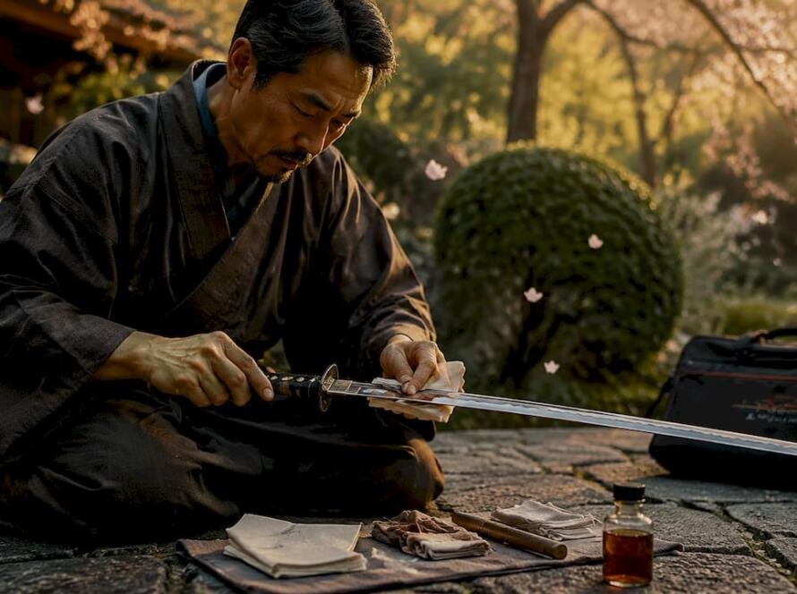 Craftsman oiling anime sword blade in traditional room