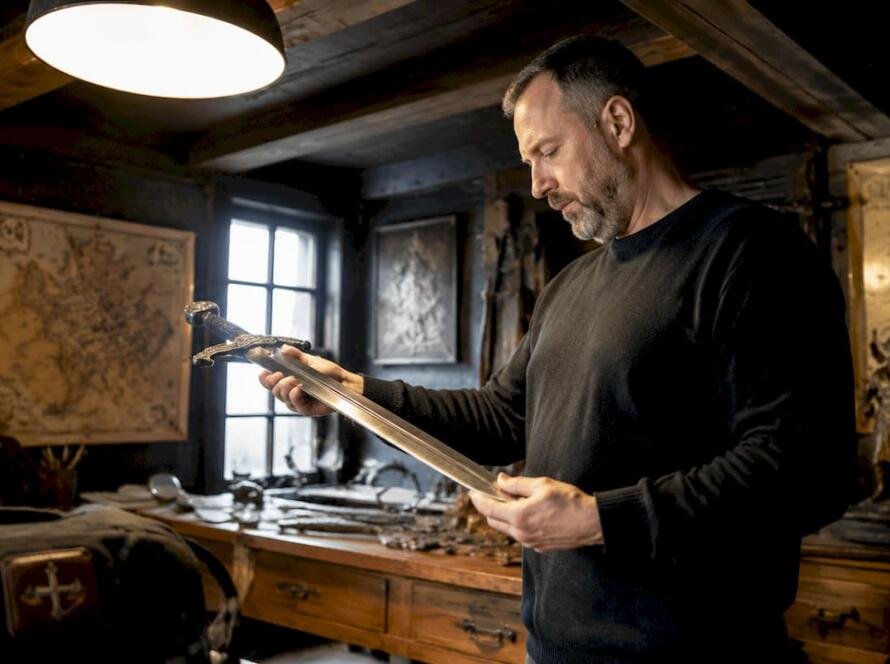 Collector inspecting Viking sword blade
