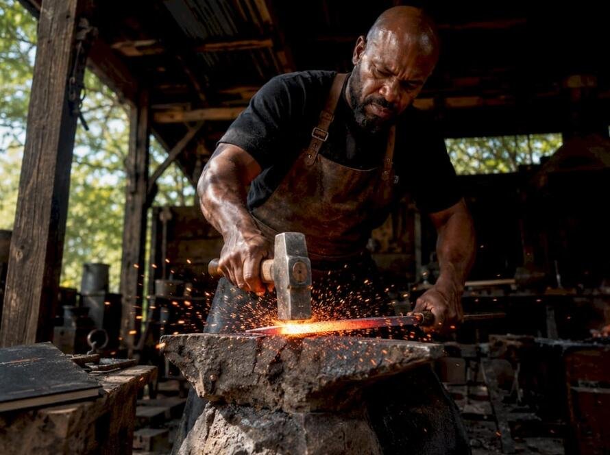 Blacksmith hammering hot sword on anvil