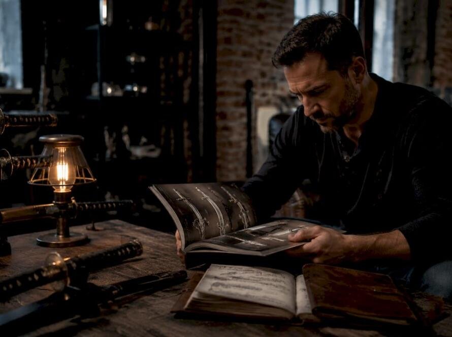 Man browsing ancient replica swords catalog