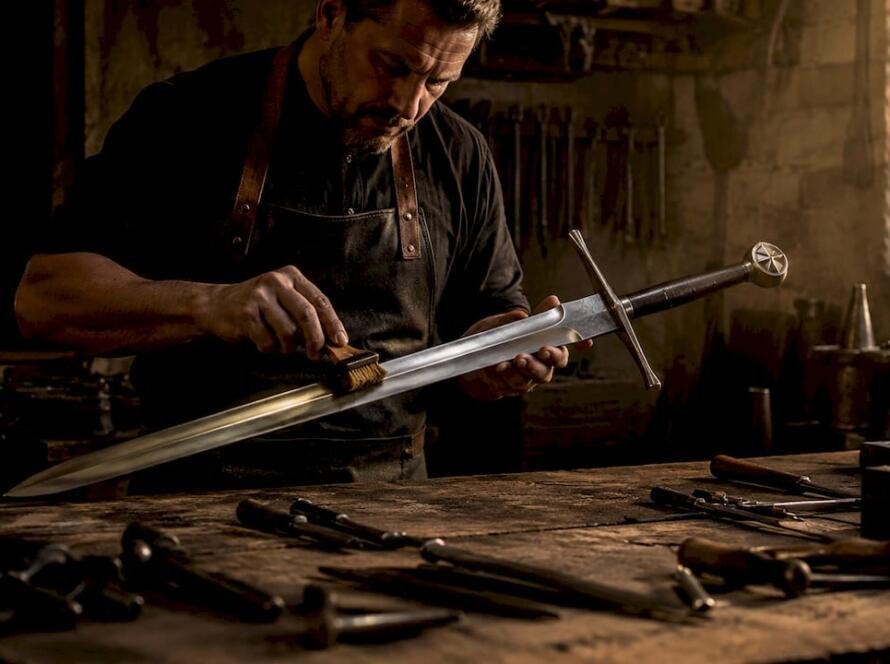 Craftsman inspecting replica sword blade