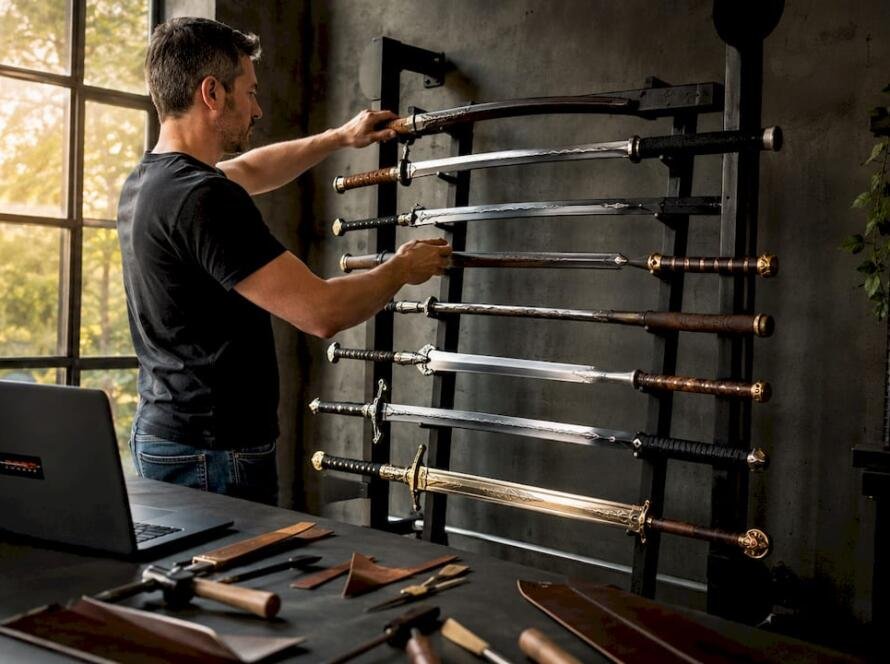 Collector arranging movie swords on wall rack