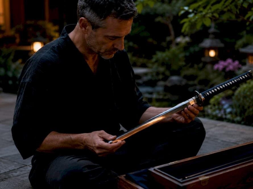 Man unwrapping symbolic katana sword gift in study
