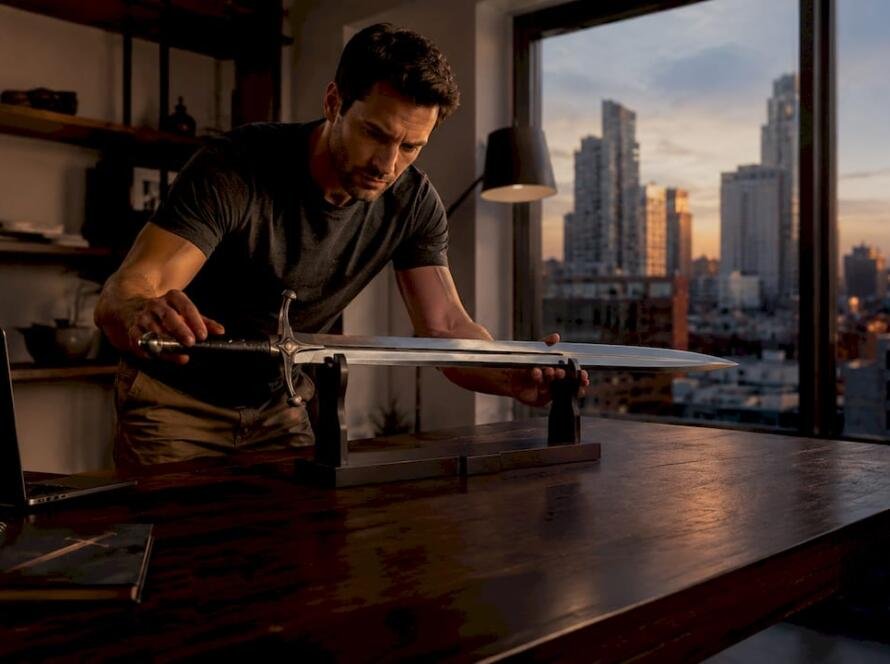 Collector adjusting fantasy sword in warm-lit display