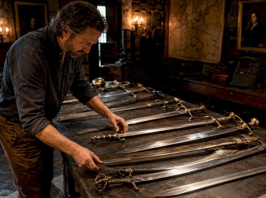 Curator arranging traditional swords display
