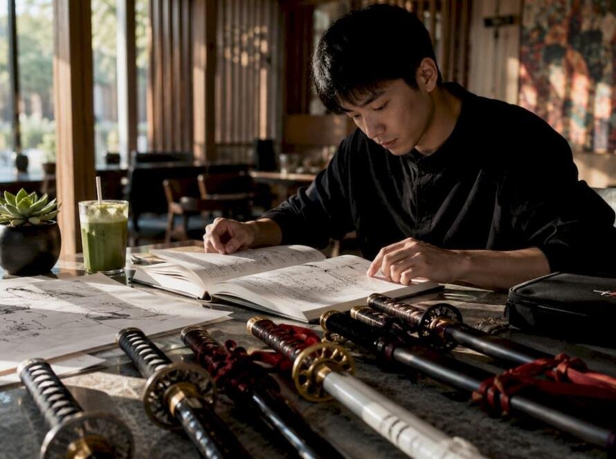Person studying anime sword terminology with replicas