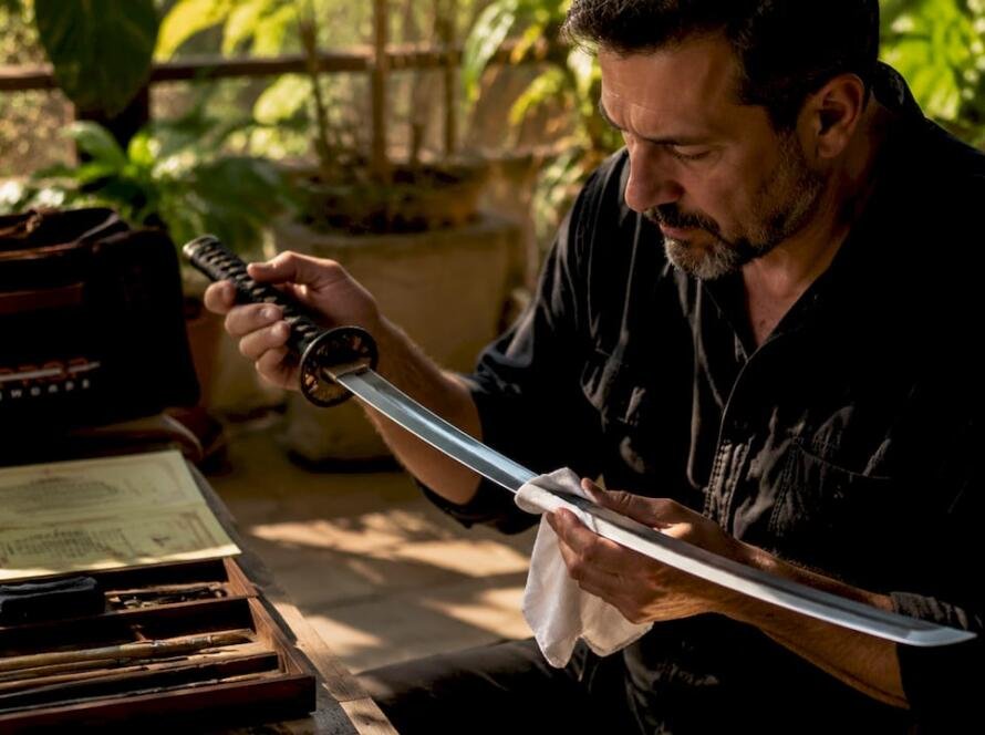Collector examining authentic Japanese sword