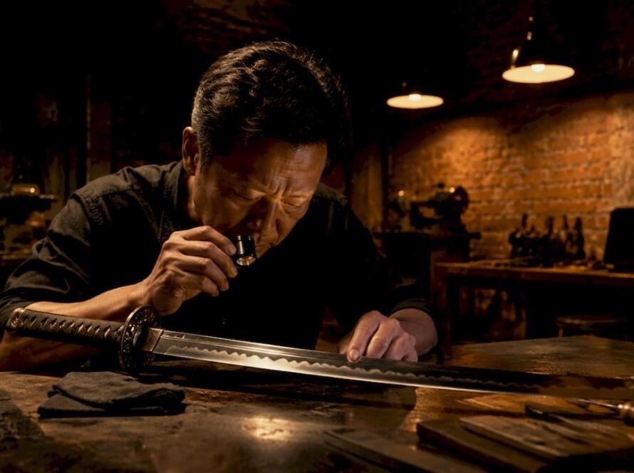 Collector inspecting traditional katana blade