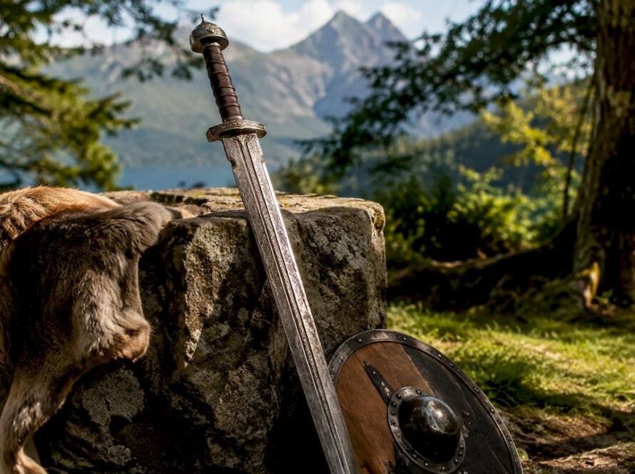 Authentic Viking sword on wooden table