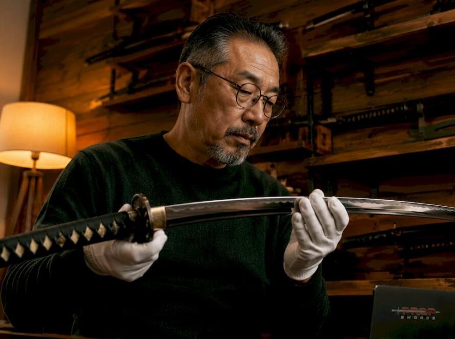 Man inspecting Japanese katana sword in study