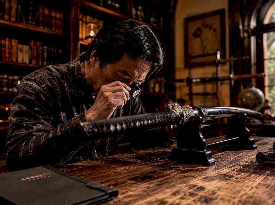 Collector examining a limited edition katana sword