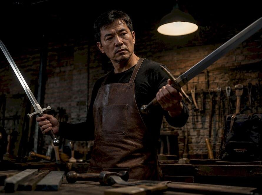 Man comparing real and prop swords in workshop