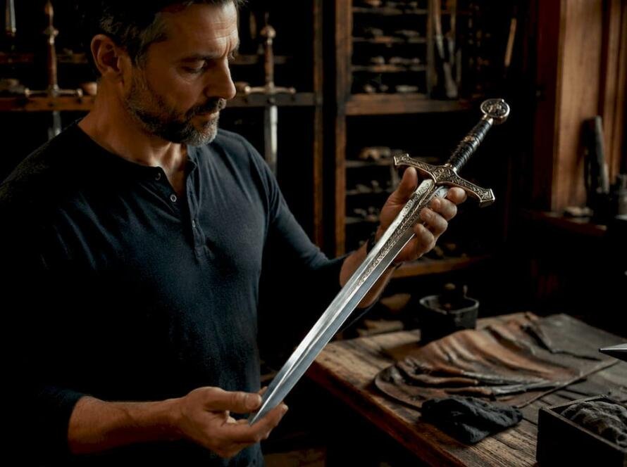 Man examining a decorative sword in workshop