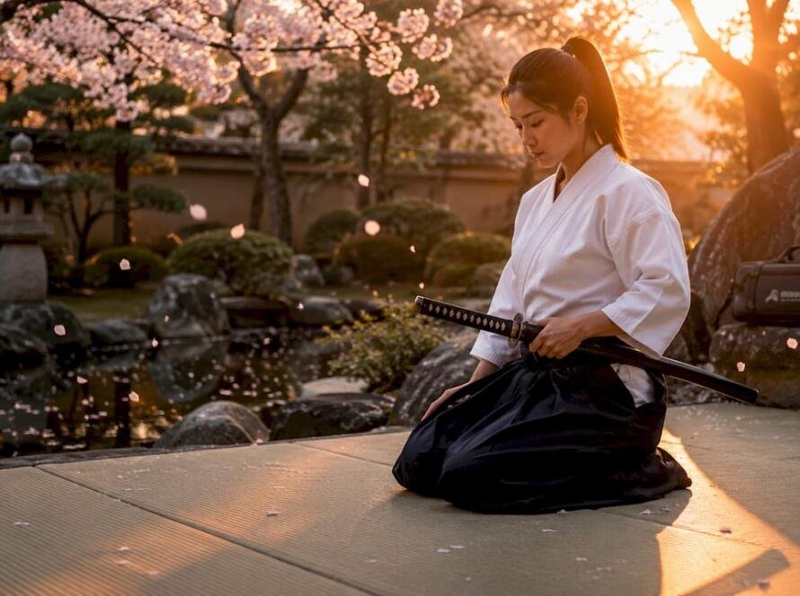 Martial arts student kneeling with katana in dojo