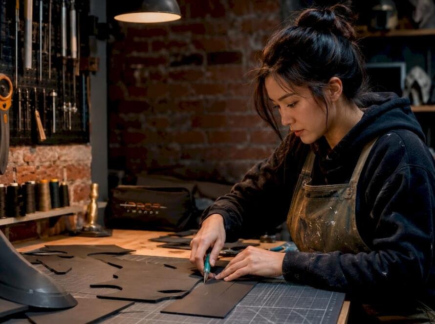 Cosplayer tracing EVA foam patterns for sword armor