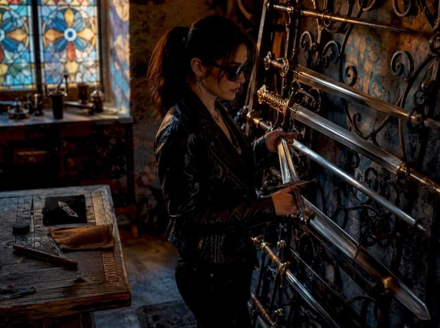 Person browsing replica swords in specialty shop