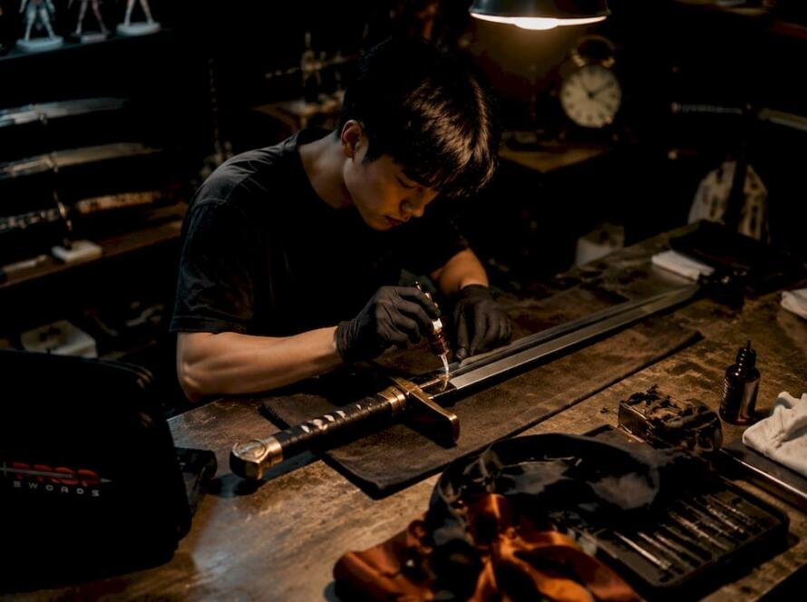Man applying oil to anime replica sword