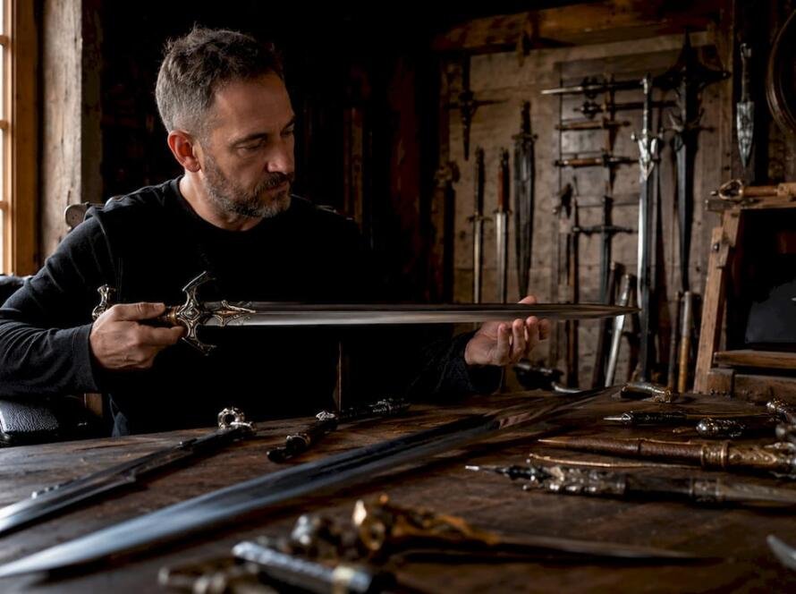 Collector examining a fantasy longsword indoors