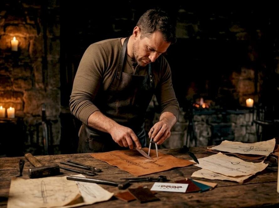 Blacksmith sketching medieval sword designs