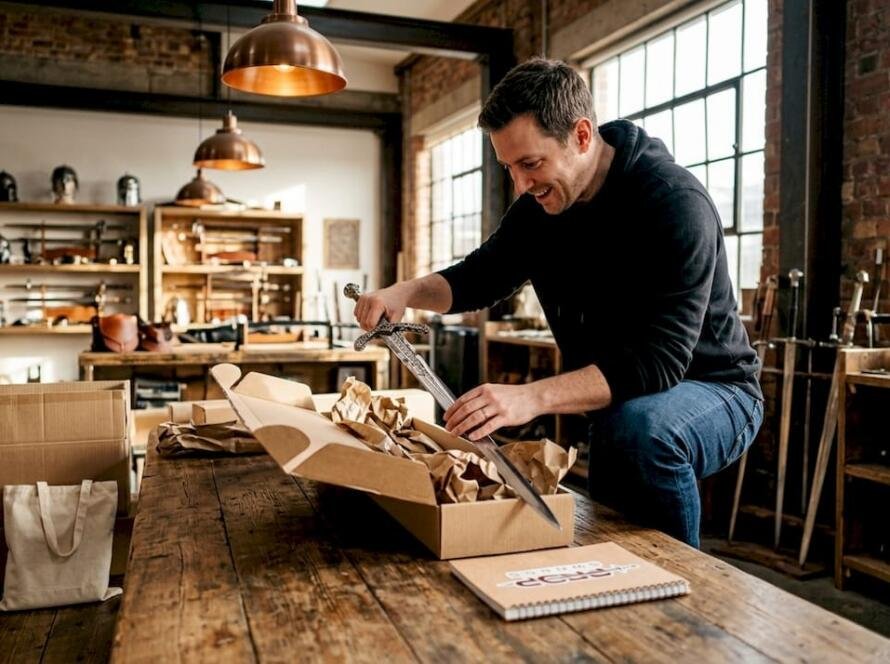 Collector unwrapping a pop culture sword replica