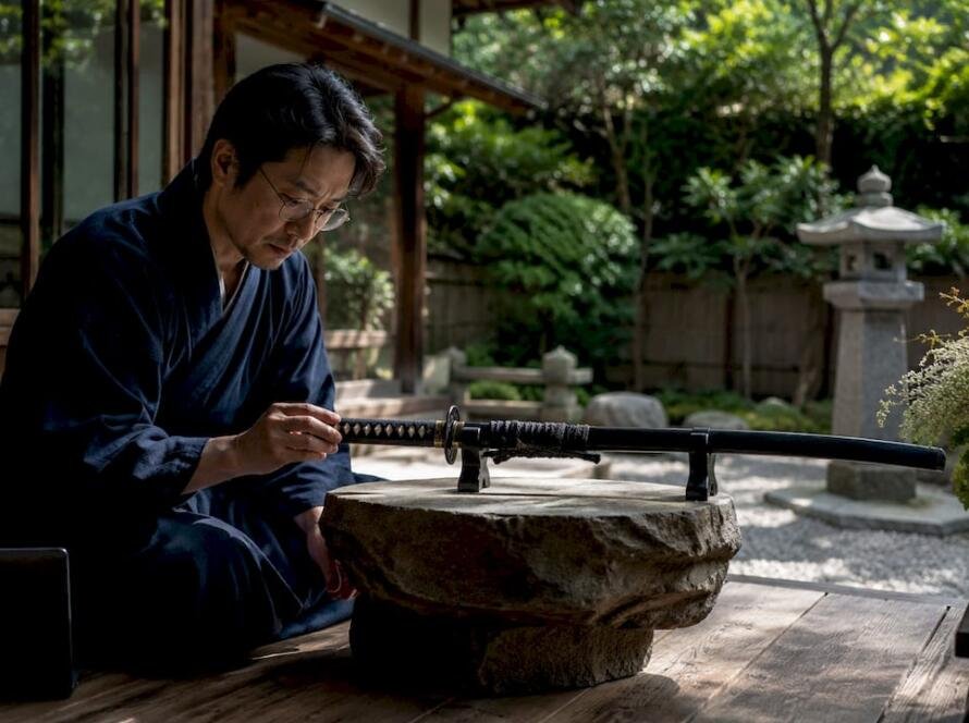 Japanese scholar examining traditional katana indoors
