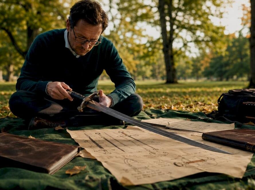 Historian examining sword anatomy on wooden desk