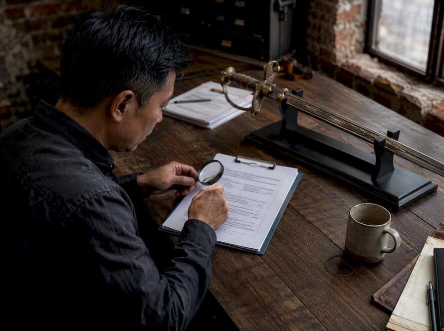 Collector reviewing sword insurance paperwork