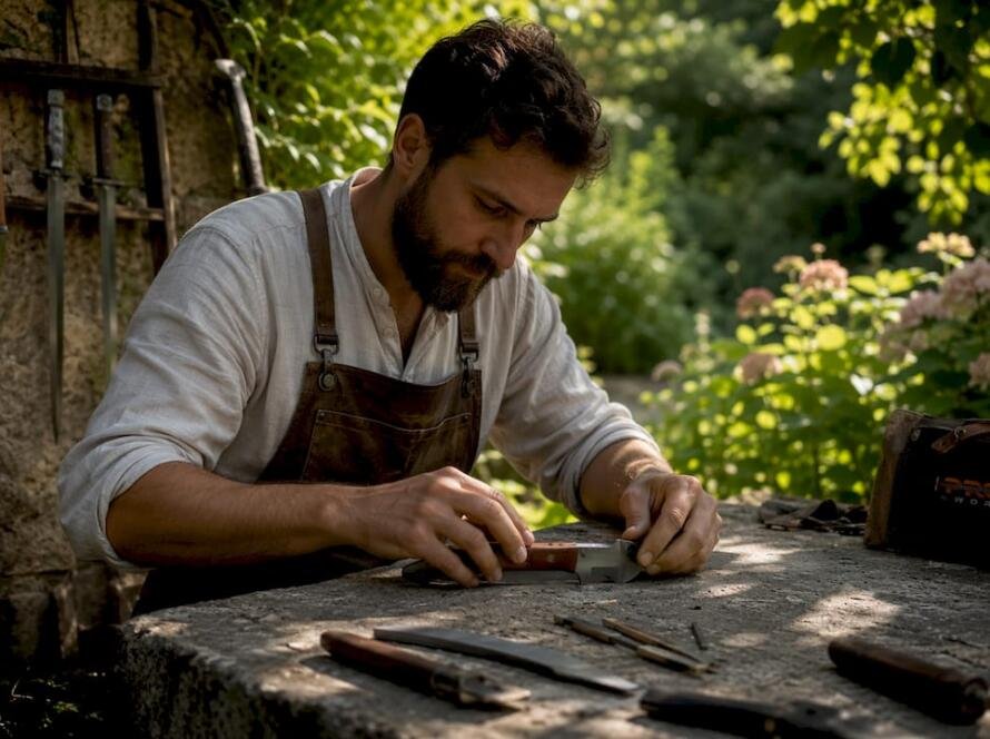 Craftsman assembling full tang knife on workbench