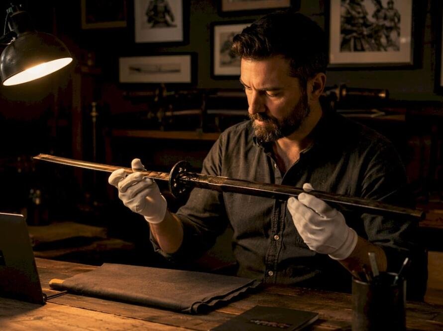 Man examining replica samurai sword in study
