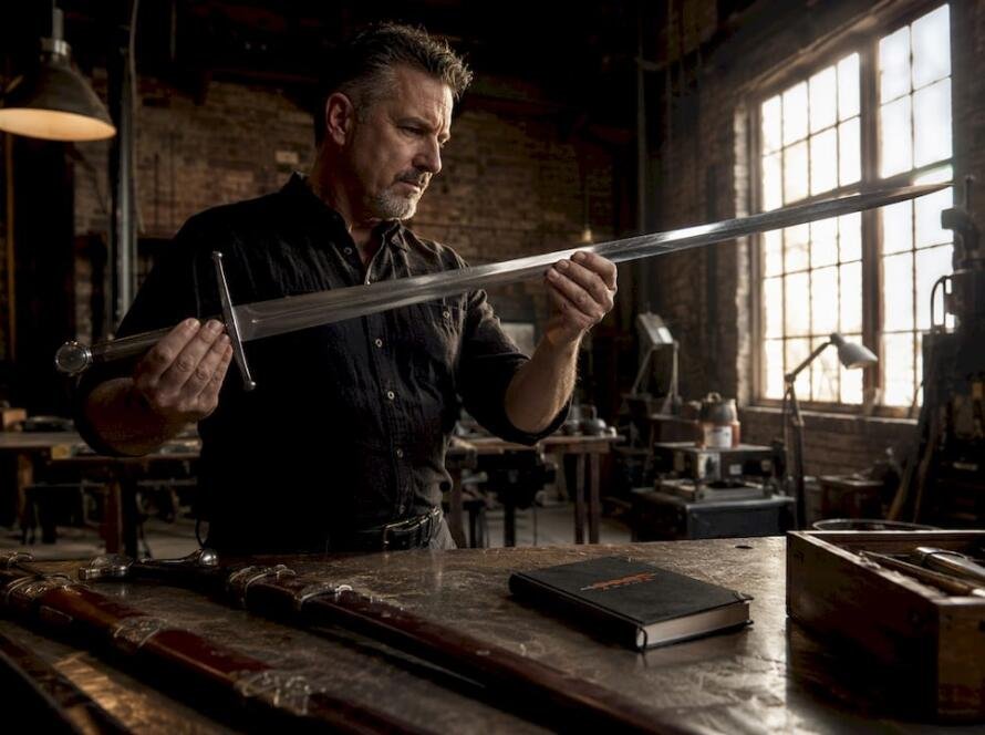 Collector examining steel longsword blade