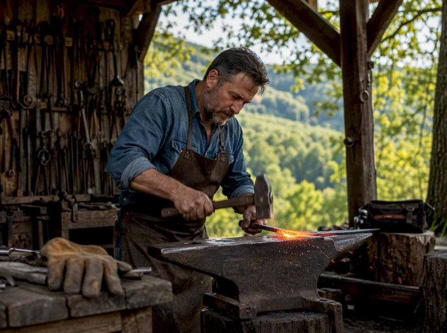 Swordsmith hammering blade in rustic workshop