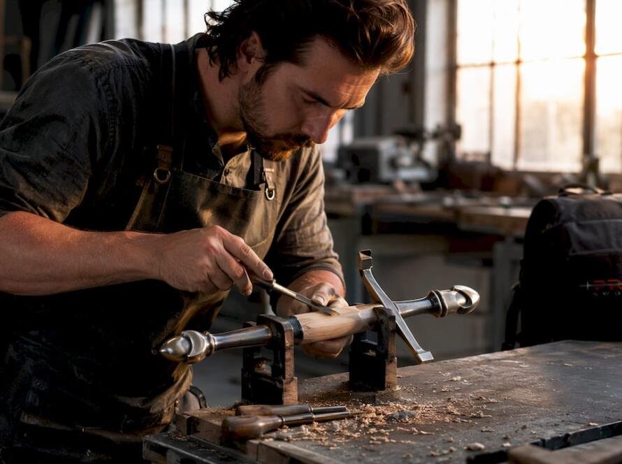 Close-up artisan working on sword hilt assembly