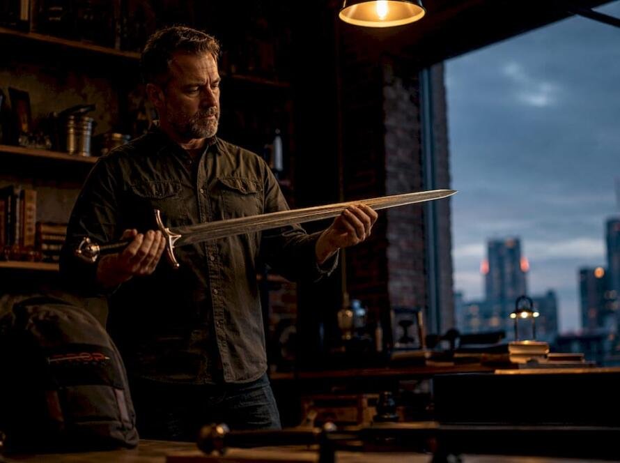 Collector examining Viking sword replica indoors