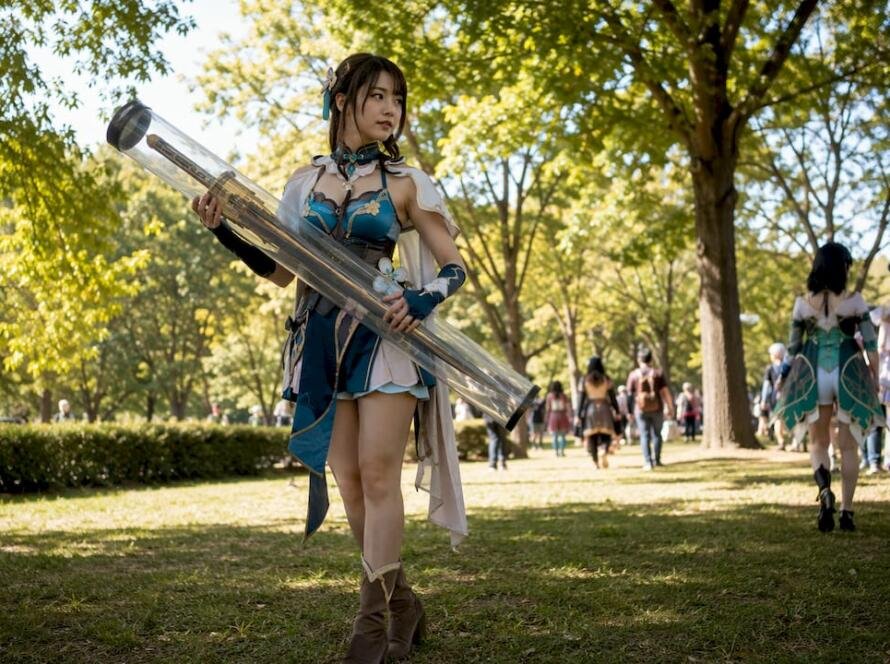 Cosplayer safely carrying sword in plastic tube